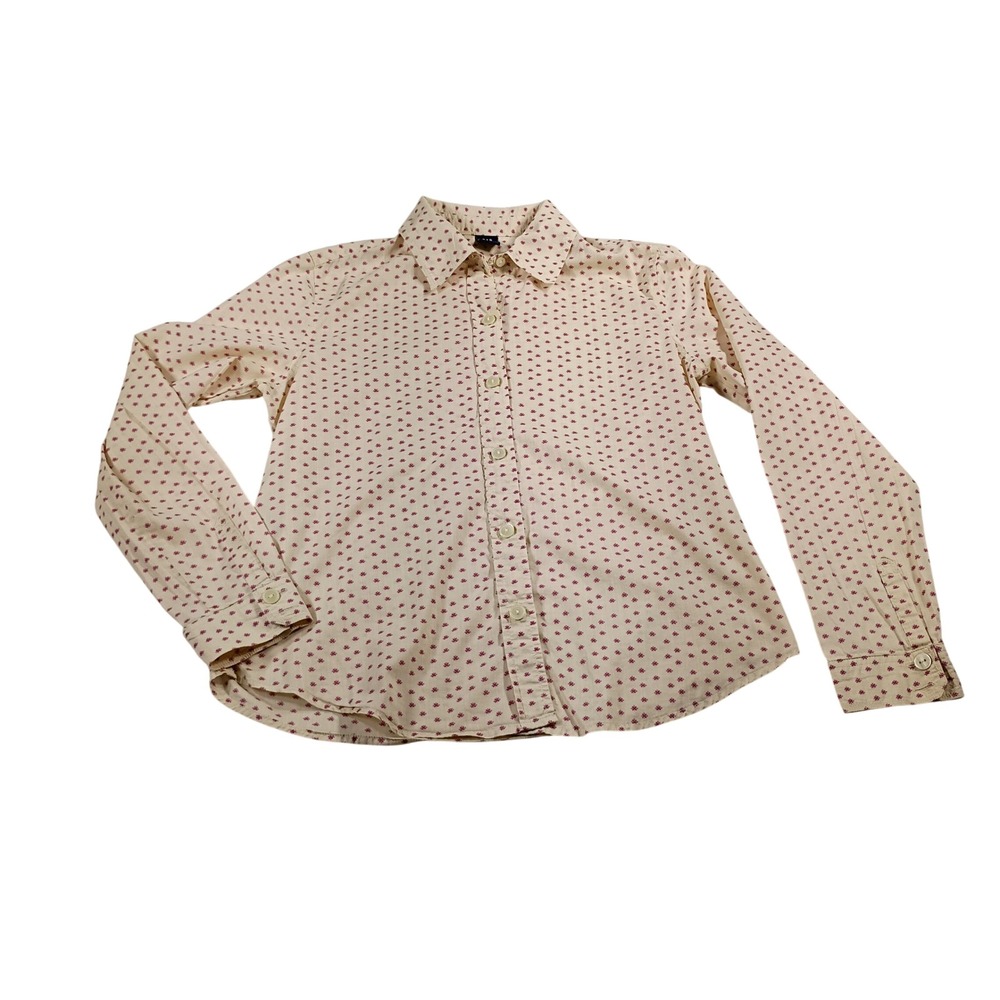 Gap Button Front Shirt Women Medium Cream Pink Micro Print Long Sleeve
